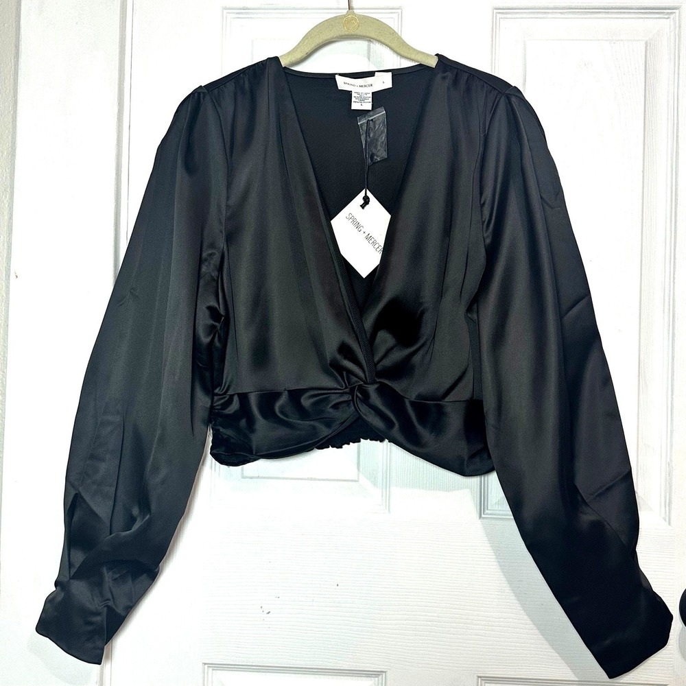 Spring + Mercer Black Satin Twist Front Crop Top Blouse Size Large Y2K